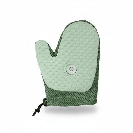 Green oven mitt with textured surface and button on a white background