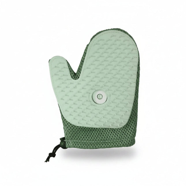 Green oven mitt with textured surface and button on a white background