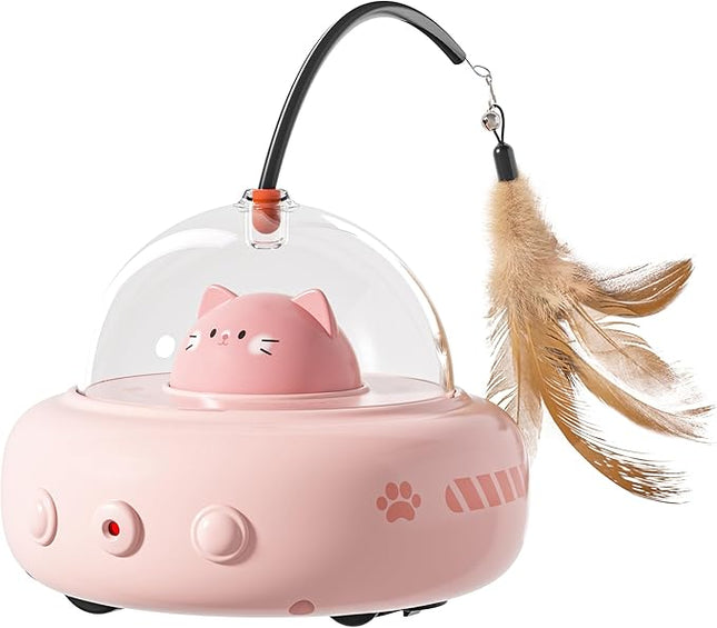 Pink cat-shaped toy with a transparent dome and feather attachment on a white background