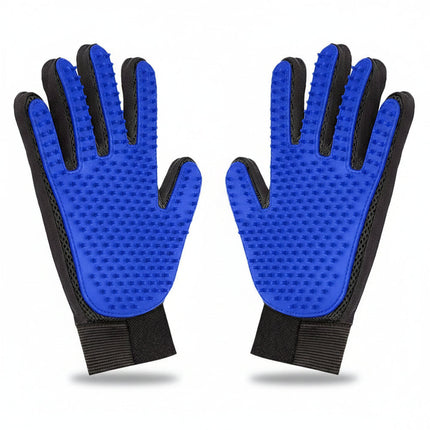 Pair of blue grooming gloves with black accents on a white background