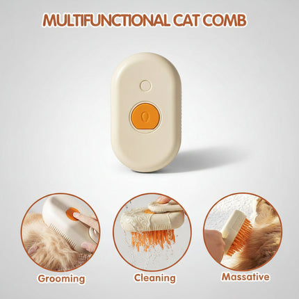 Multifunctional cat comb being used on a cat with close-up insets showing grooming, cleaning, and massage functions.