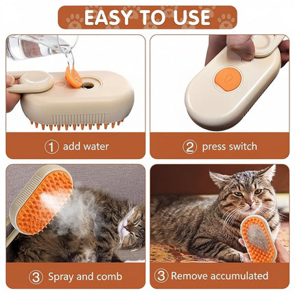 Step-by-step guide on how to use a pet grooming tool with images of adding water, pressing a switch, spraying and combing, and removing accumulated lint.