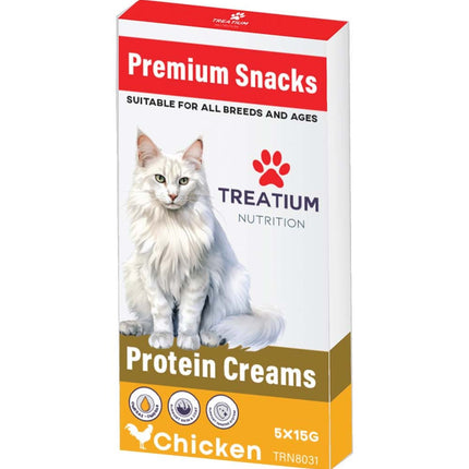 Treatium Premium Snacks for cats packaging with a white cat on a white background