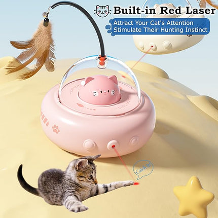 Pink cat toy with red laser pointer on a yellow surface, attracting a kitten.