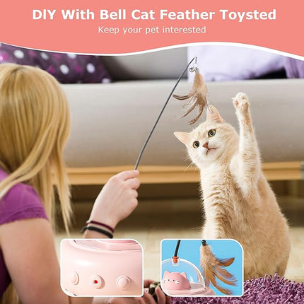 Person playing with a cat using a feather toy, with text about DIY with bell cat feather toysted.