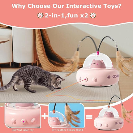 Pink cat toy with laser pointer and feather teaser on a mat, with text highlighting features.