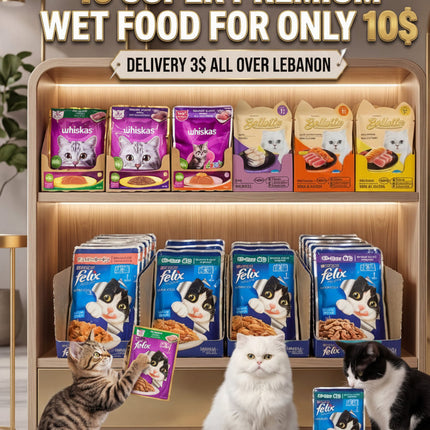 Jumanji Pet Shop advertisement for 10 super premium wet food packages with cats interacting with the products.