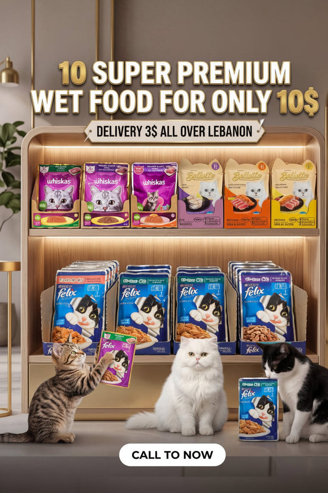 Jumanji Pet Shop advertisement for 10 super premium wet food packages with cats interacting with the products.