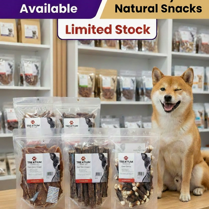 Dog treats packaging with a dog sitting next to it, promotional text about limited stock and contact information.