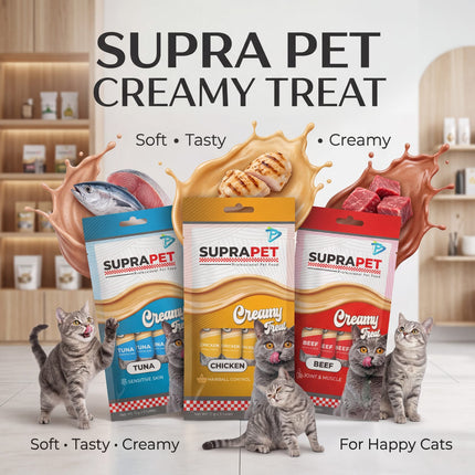Supra Pet creamy treat packages with cats in a kitchen setting