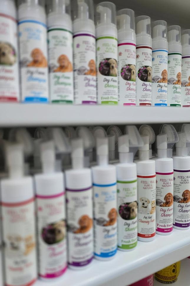 Row of pet care products on a shelf with visible branding.