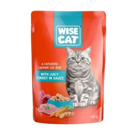 Wise Cat cat food pouch with a cat on the label on a white background