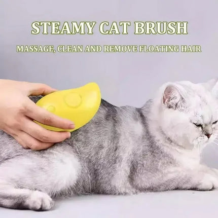 Person using a yellow steamy cat brush on a gray and white cat with text indicating its use.