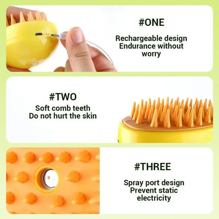 Yellow hairbrush with text highlighting features on a green background