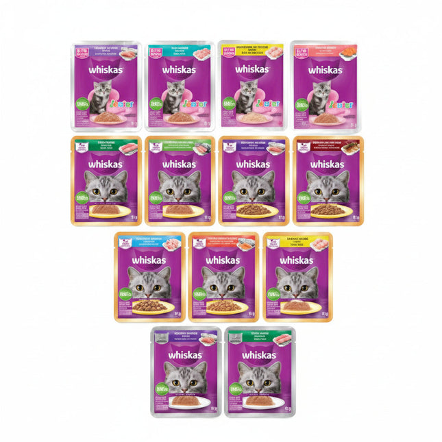 Multiple packages of Whiskas cat food on a white background