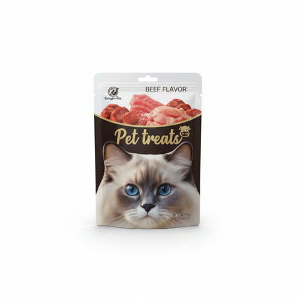 Bag of cat treats with a cat face on the packaging against a white background