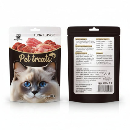 Pet treats packaging with a cat's face on the front and text on the back