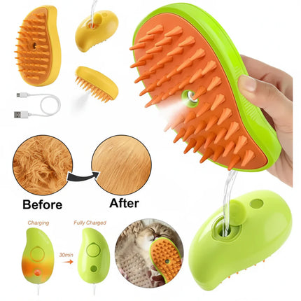 Pet grooming brush with charging cable and before-after comparison on a white background