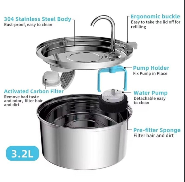 Cat Water Fountain,3.2l/108oz Automatic Stainless Steel Pet Fountain Dog Water Dispenser