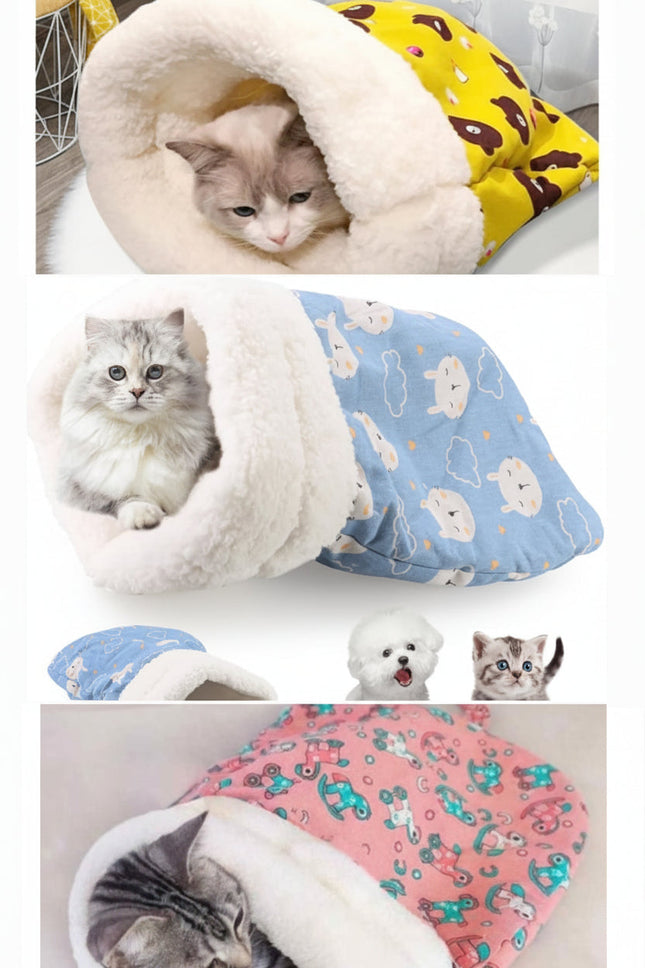 Collage of cats in various patterned pet beds.