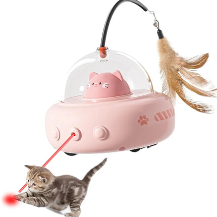 Pink cat-shaped toy with a feather and laser pointer, next to a kitten on a white background