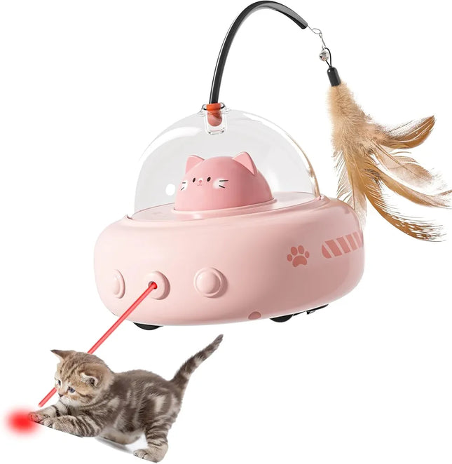 Pink cat-shaped toy with a feather and laser pointer, next to a kitten on a white background