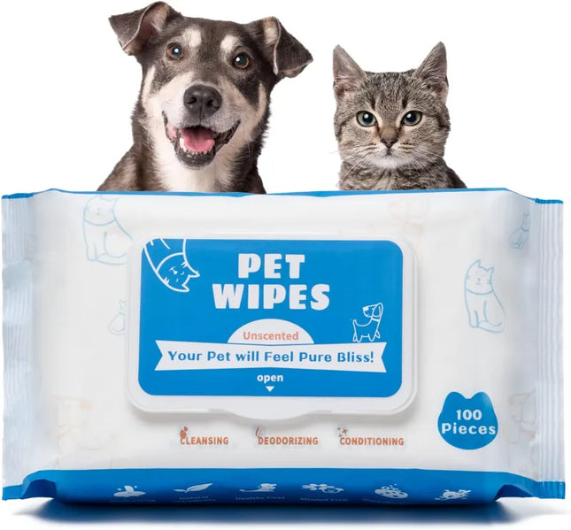 Pet wipes packaging with a dog and cat on a white background
