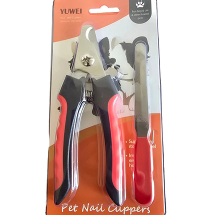 Pet nail clippers with packaging featuring a dog illustration on an orange background.